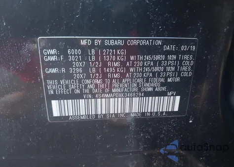 2019 Subaru Ascent Limited z USA, uszkodzony, nr VIN 4S4WMAPDXK3468294